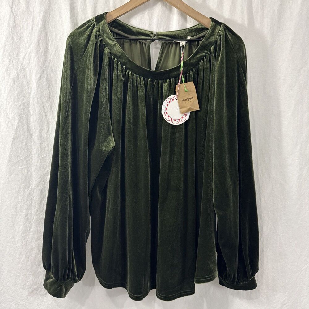 Umgee Green Velvet Balloon Long Sleeve Top Womens Sz L Forest Festive Glam